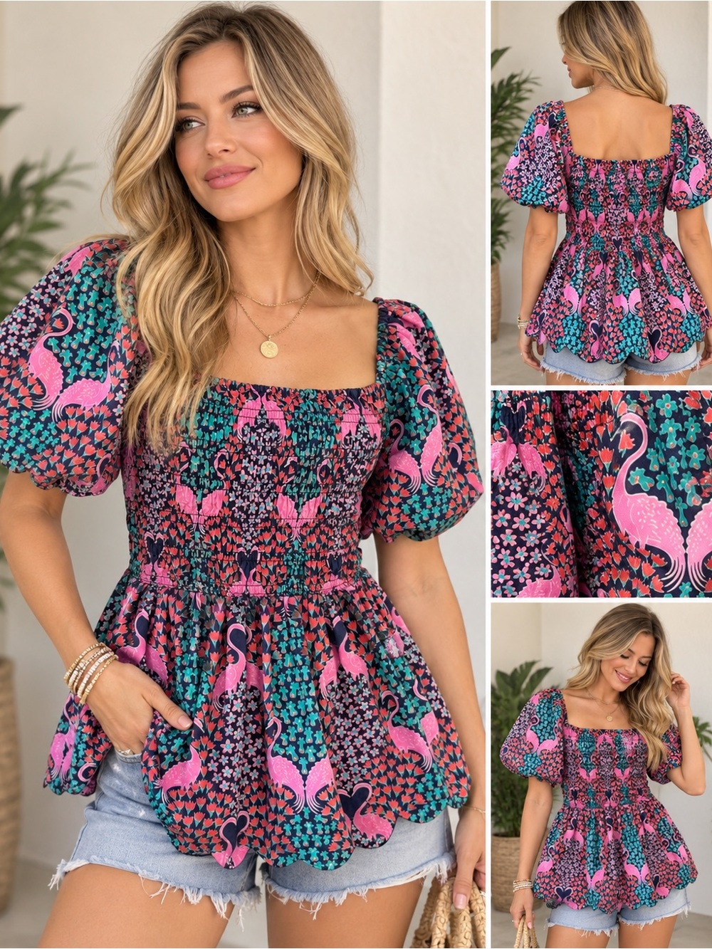 Simply Southern Pink Teal flamingo Puff Sleeve Peplum Top Size Medium